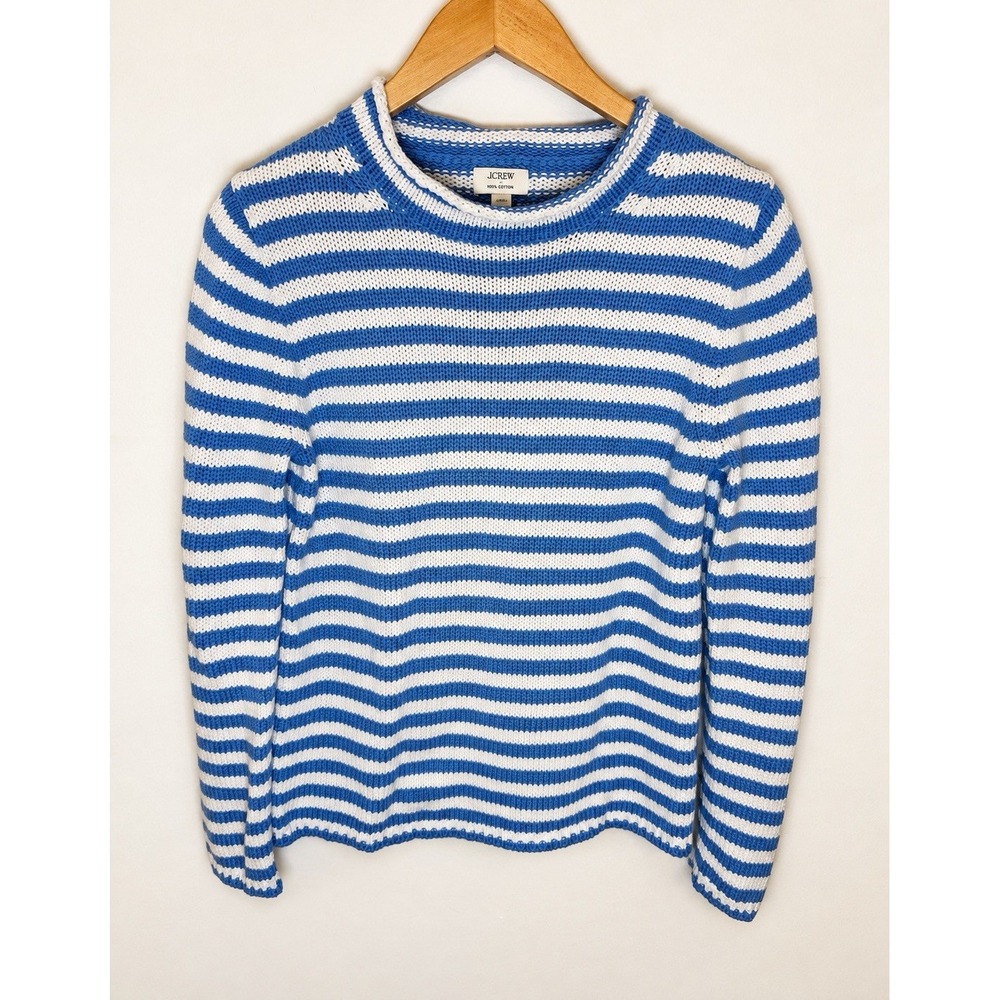 J.Crew Womens M Blue White Striped 100% Cotton Knit Sweater Nautical Preppy